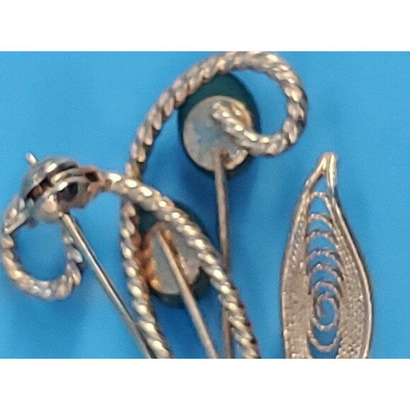 Vintage Brooch Gold Tone Filigree Floral Leaf Spray & Green Faux Jade Retro - Picture 7 of 8